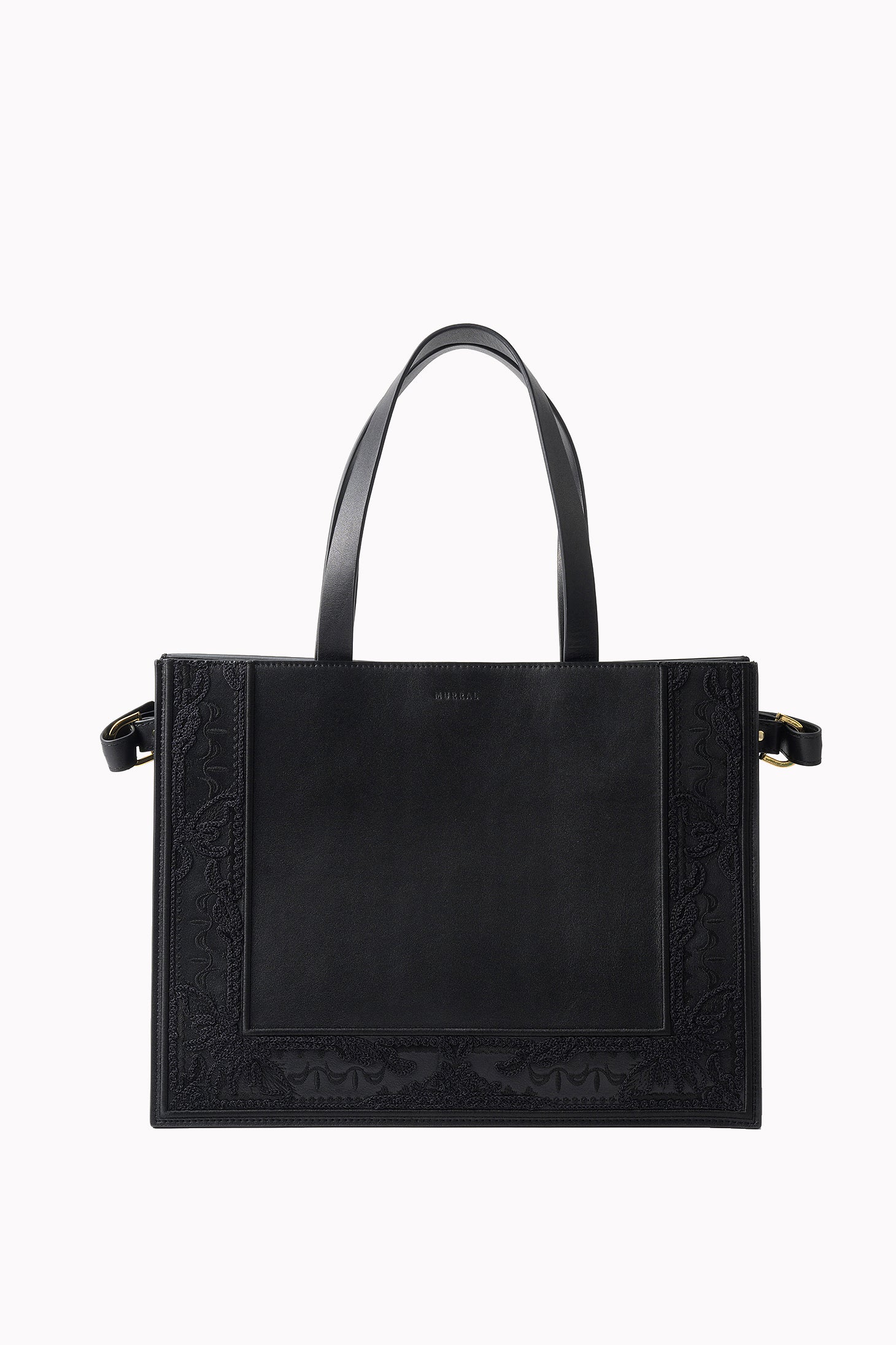 Framed embroidered leather tote bag (Black) - レザートートバッグ