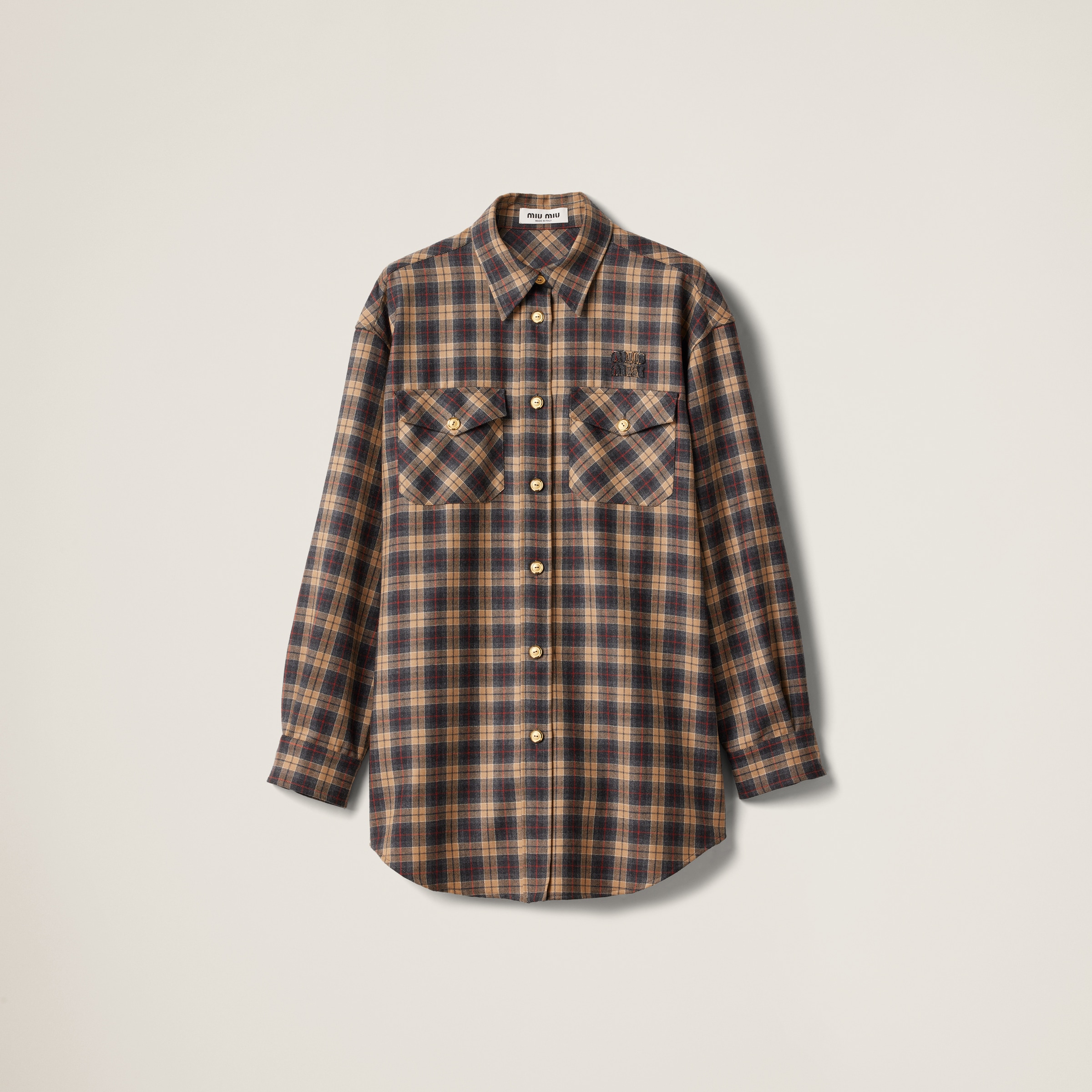 Camel Brown Wool Tartan Shirt | Miu Miu
