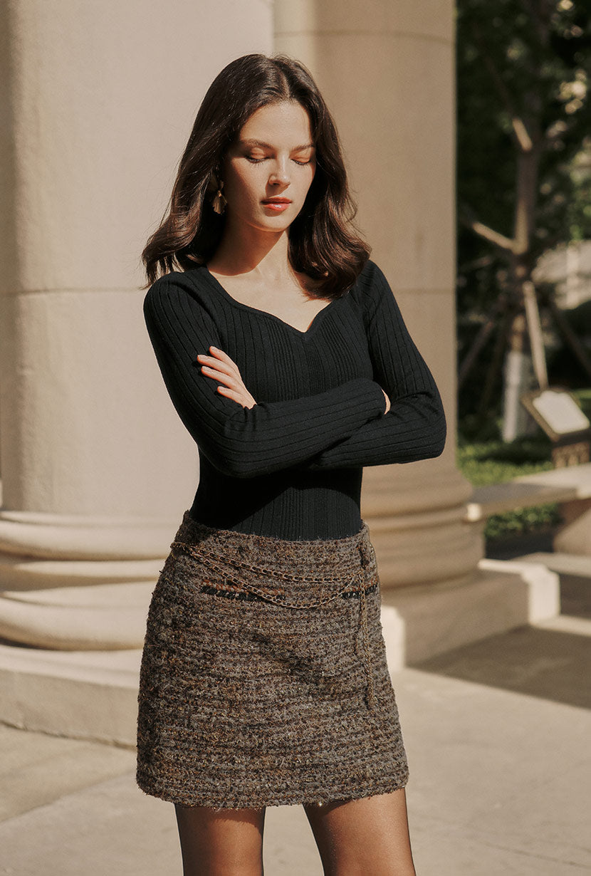 Petite Studio's Ashton Mini Wool Tweed Skirt in Charcoal - Petite