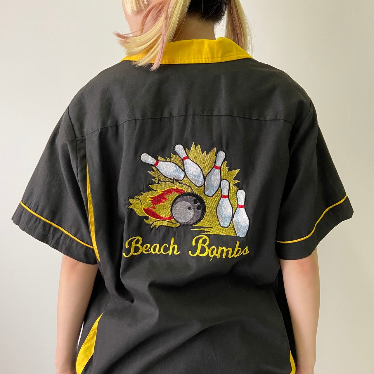 HILTON バック刺繍 ボーリングシャツ メンズM相当 古着 ボウリング