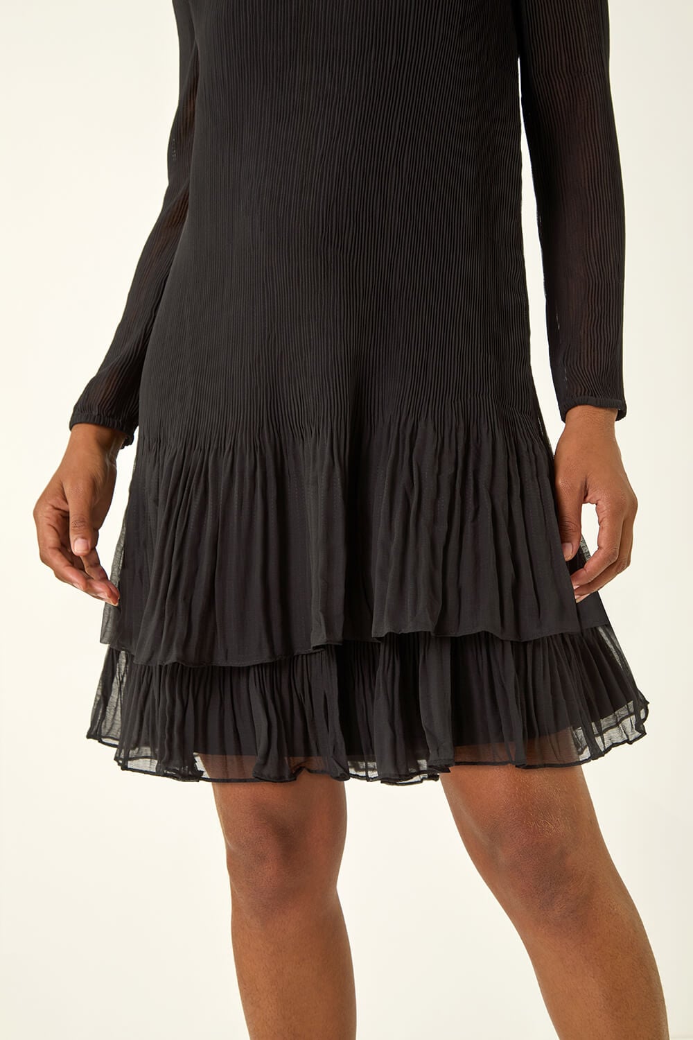 Black Pleated Frill Hem Swing Dress | Roman UK