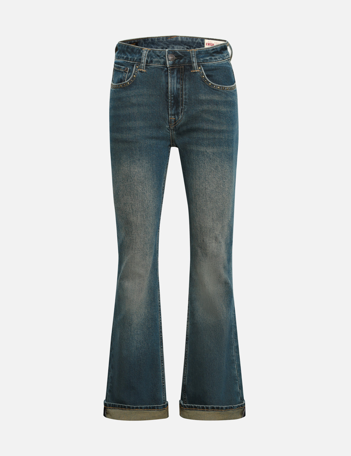 ウォッシュ加工のスタッズ装飾ロゴフレアファッションフィットジーンズ