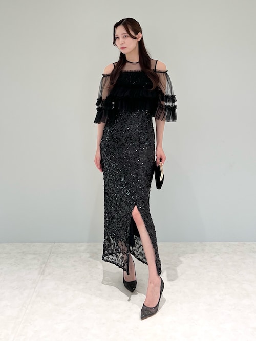 セール】【LEJA】チュールフリルオフショルダースパンコールIライン