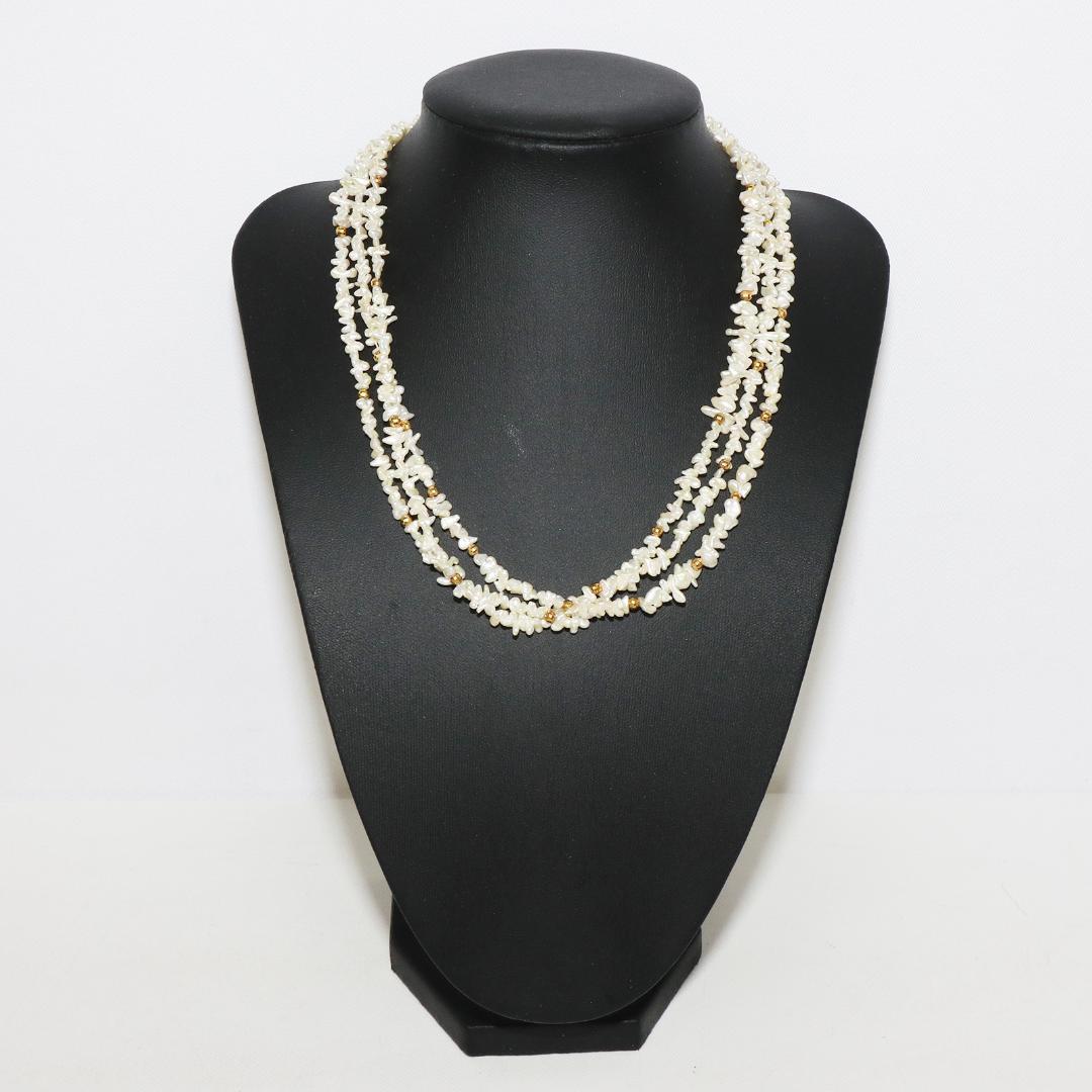 天然 淡水パール 真珠 3連 ネックレス 　全長 42㎝ 昭和の淡水パール3連ネックレス ふわふわデザイン