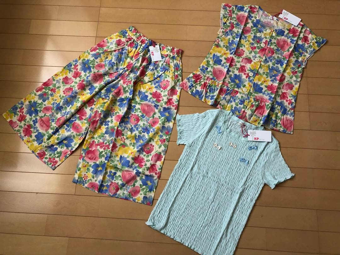 新品♡KP 花柄セットアップとシャーリングカットソーセット 150 花柄 七分袖カットソー ＜撫子と松葉/淡桃＞ | 京友禅アロハシャツ