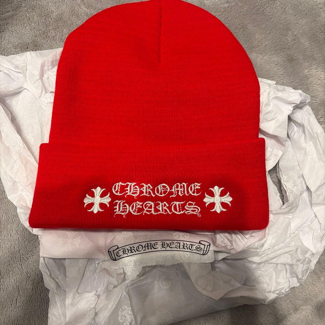 CHROME HEARTS レッド ニット帽 CHROME HEARTS クロムハーツ レッドスター レザーパッチ ニット帽