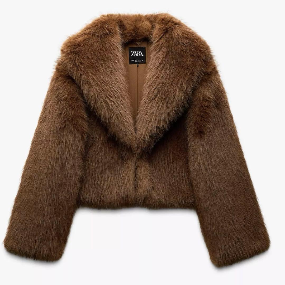 ZARA ブラウン フェイクファーショートコート XS 新品未使用 ZARA ザラ ショートフェイクファーコート XS ブラウン